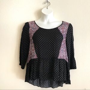 Free People Medium Peplum Black Purple 3/4 Sleeve